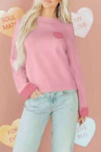 Plaid Heart Embroidered Cuffed Drop Shoulder Crew Neck Sweater 100100906455941 57 Women's Sweaters and Knitwear Jerry's Apparel 