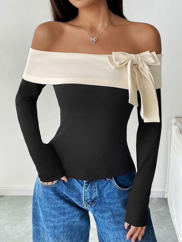 Perfee Bow Contrast Off-Shoulder Long Sleeve Top