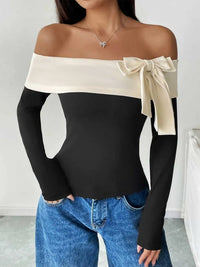Perfee Bow Contrast Off-Shoulder Long Sleeve Top 100100486221672 31 Affordable Fashion Under $100 Jerry's Apparel 