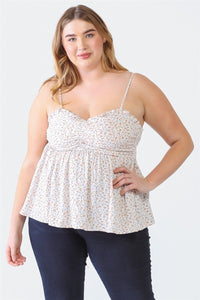 Plus Size Frill Smocked Floral Sweetheart Neck Cami