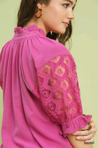 Umgee Linen V-Neck Lace Puff Sleeve Top 100100779041391 66 Affordable Fashion Under $100 Jerry's Apparel 