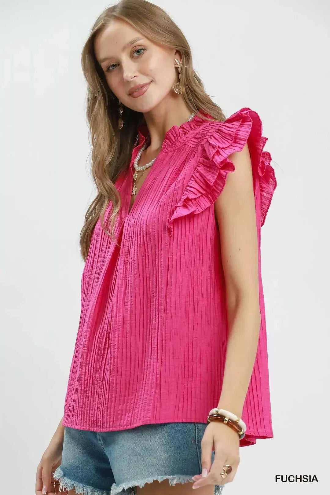 Umgee Textured Ruffle Sleeve Split V Neck Top 100100701051580 51 Affordable Fashion Under $100 Jerry's Apparel 