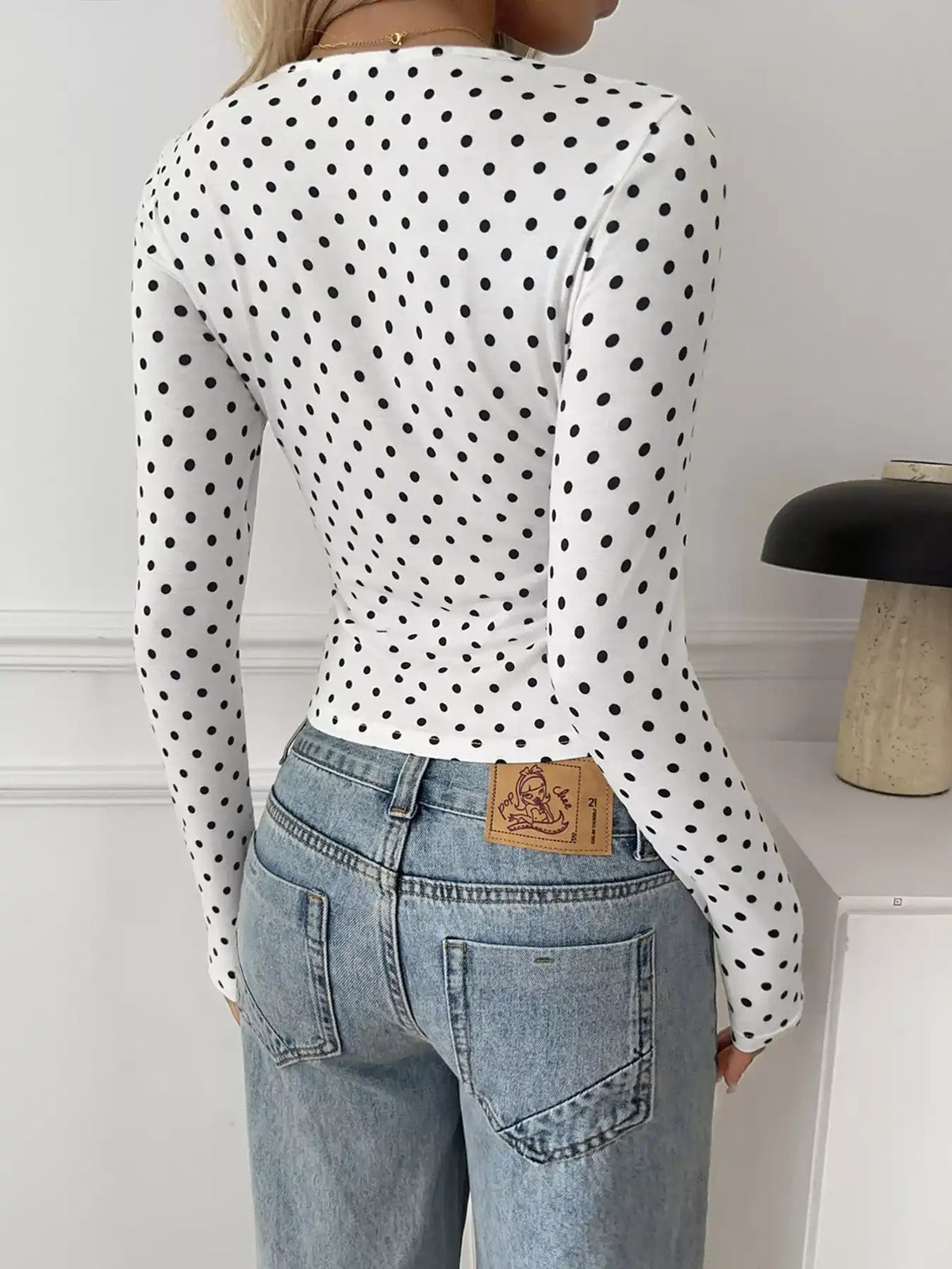 Polka Dot Lace Trim Ruched Long Sleeve T-Shirt 101001475133532 33 Affordable Fashion Under $100 Jerry's Apparel 
