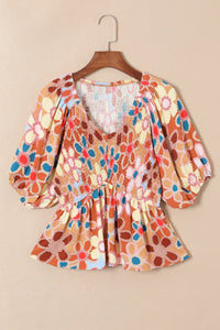 Smocked Printed V-Neck Half Sleeve Blouse