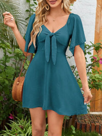Smocked Back Knotted Flutter Sleeve Dress