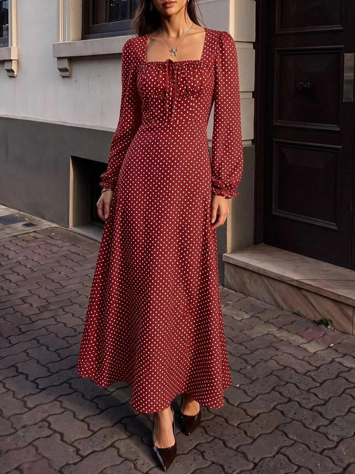 Square Neck Polka Dot Long Sleeve Maxi Dress 101001463928082 48 Affordable Fashion Under $100 Jerry's Apparel 