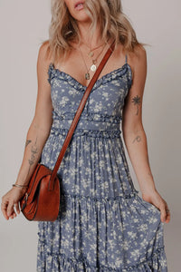 Floral Spaghetti Strap Frilled V Neck Tiered Midi Dress