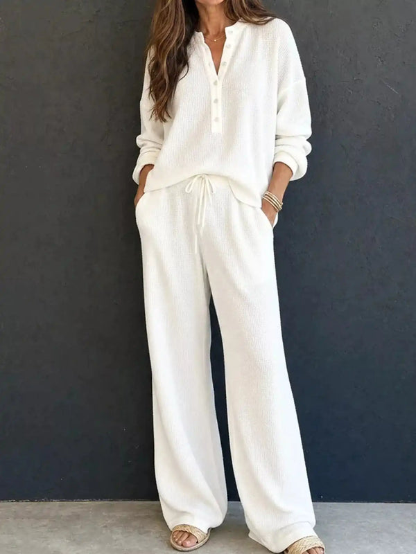 Waffle Knit Button Detail Top and Pants Set 101001629020741 57 Gifts for Her Jerry's Apparel 
