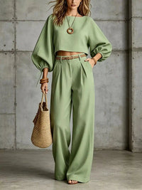 Balloon Sleeve Crop Top and Wide-Leg Pants Set 101001530012684 71 Affordable Fashion Under $100 Jerry's Apparel 