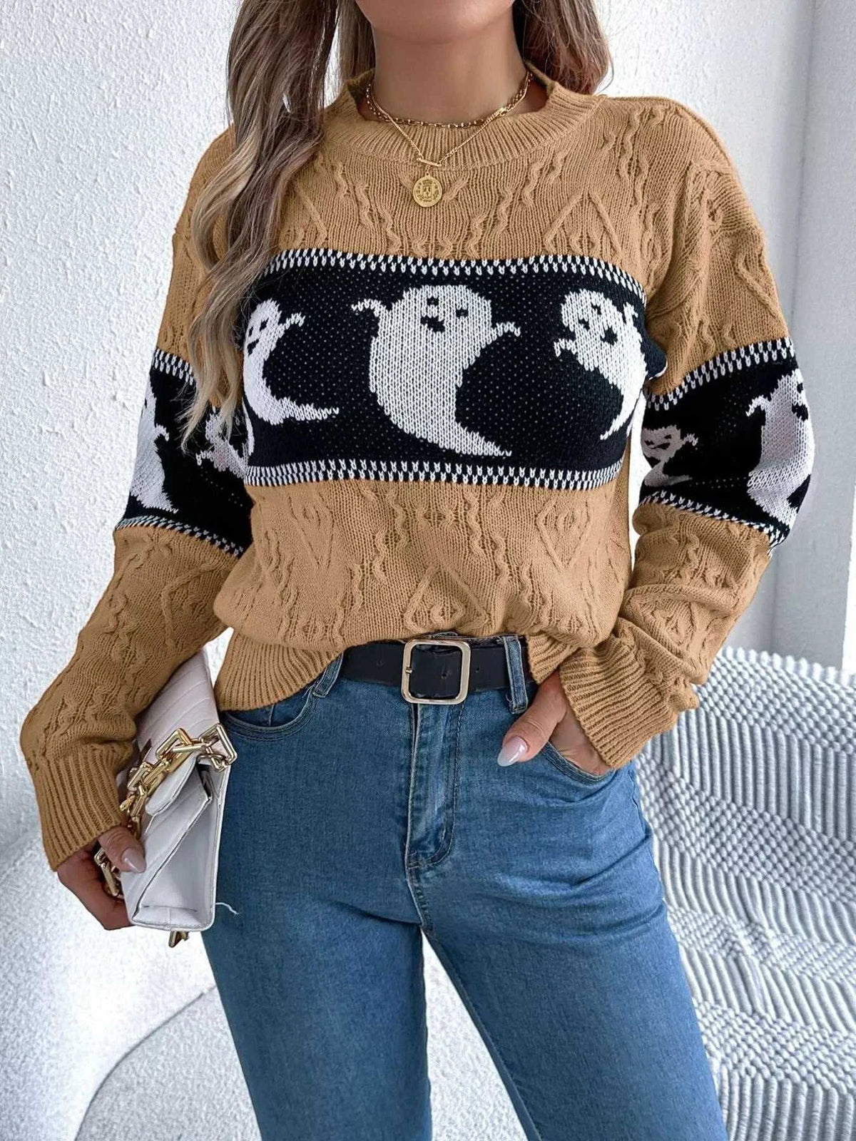 Halloween Ghost Pattern Textured Sweater 101002208811707 37 Affordable Fashion Under $100 Jerry's Apparel 