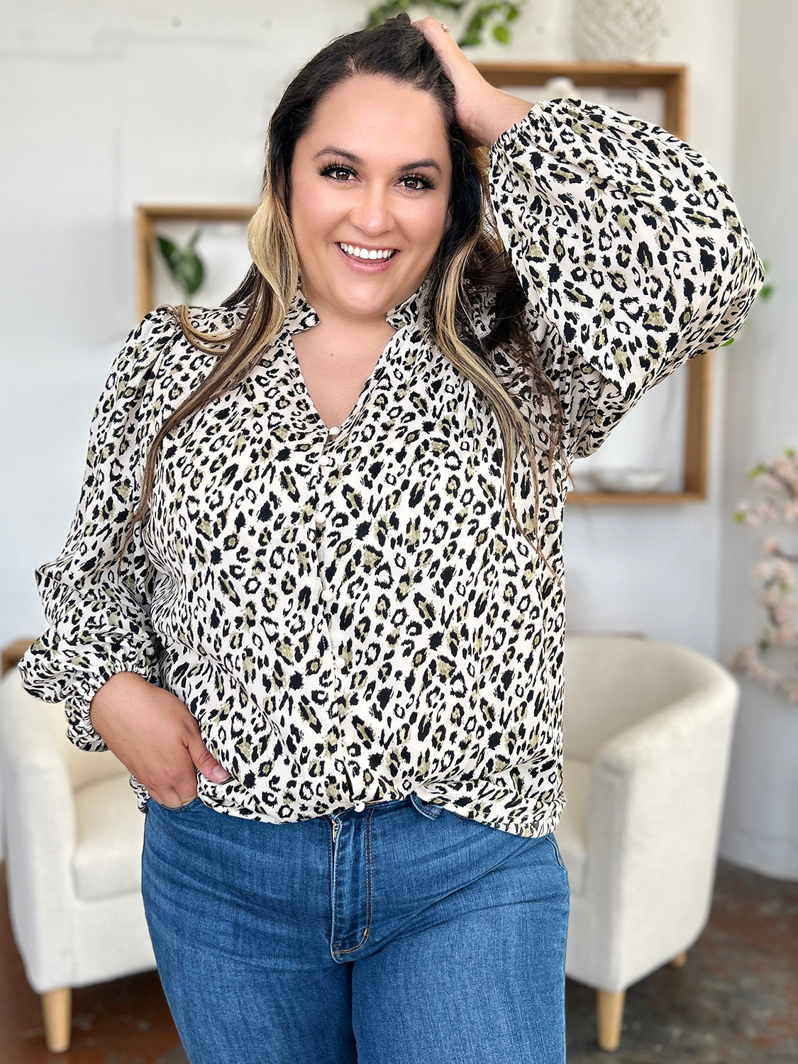 Full Size Leopard Long Sleeve Blouse