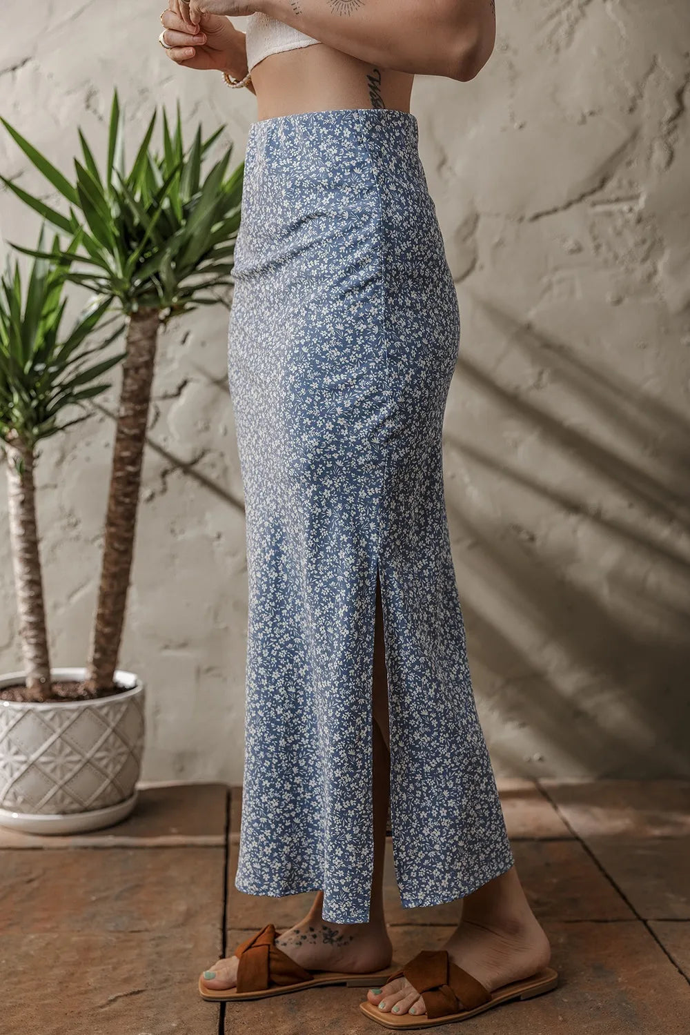 Boho Floral High Waist Skirt with Side Split