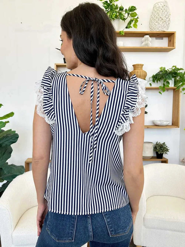 Perfee Lace Detail Ruffled Striped V-Neck Cap Sleeve Blouse 100100704281779 27 Affordable Fashion Under $100 Jerry's Apparel 