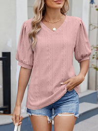 Puff Sleeve V-Neck Eyelet Lace T-Shirt