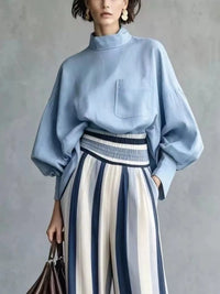 Full Size Mock Neck Top and Striped Wide-Leg Pants Set Plus Size 101001535665890 65 Gifts for Her Jerry's Apparel 