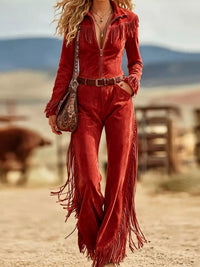 Western-Inspired Suede Fringe Jumpsuit with Zipper Front 101001816783054 101 Birthday Outfit Ideas Jerry's Apparel 