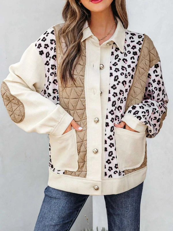 Leopard Waffle Quilted Patchwork Button Front Jacket 100100367036734 63 Affordable Fashion Under $100 Jerry's Apparel 