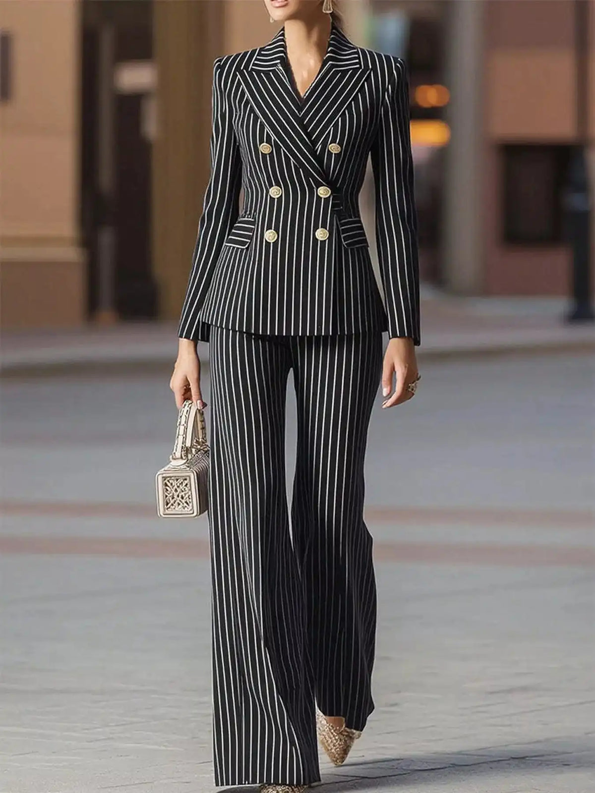 Double-Breasted Pinstripe Blazer and Wide-Leg Pants Set 101001905010997 103 Gifts for Her Jerry's Apparel 