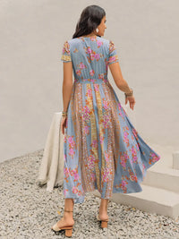 Smocked Floral V-Neck Short Sleeve Midi Dress