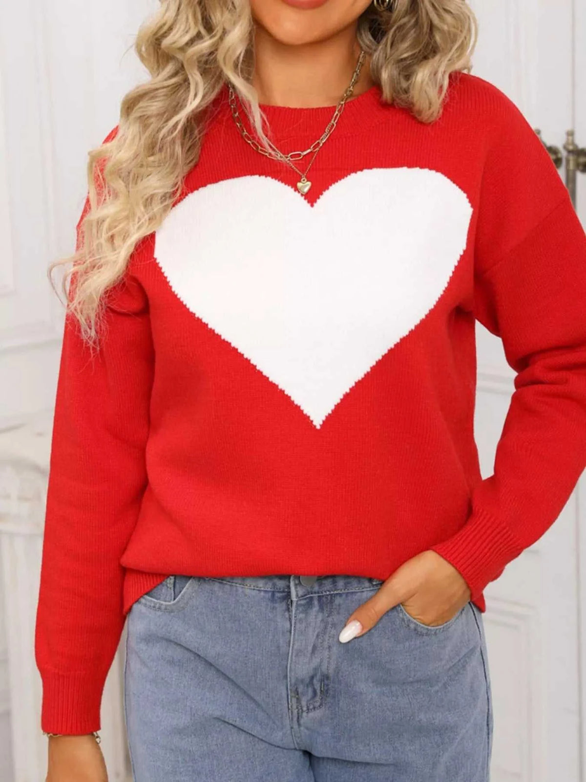 Valentine's Day Heart Round Neck Dropped Shoulder Sweater 100100320895258 49 Affordable Fashion Under $100 Jerry's Apparel 