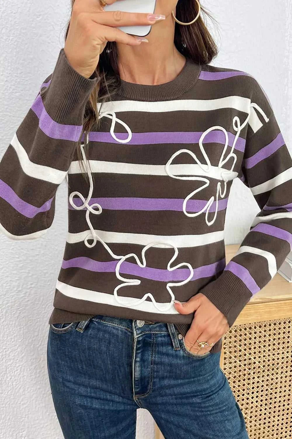 Stripe Embroidered Detail Drop Shoulder Sweater 101002226541726 55 Affordable Fashion Under $100 Jerry's Apparel 