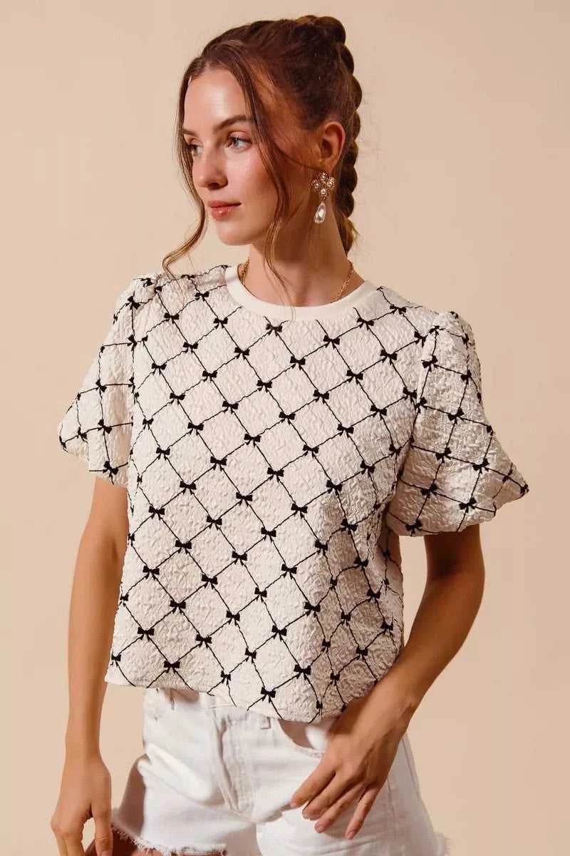 SO ME Bow Texture Woven Bubble Sleeve Top 100100611111697 44 Affordable Fashion Under $100 Jerry's Apparel 