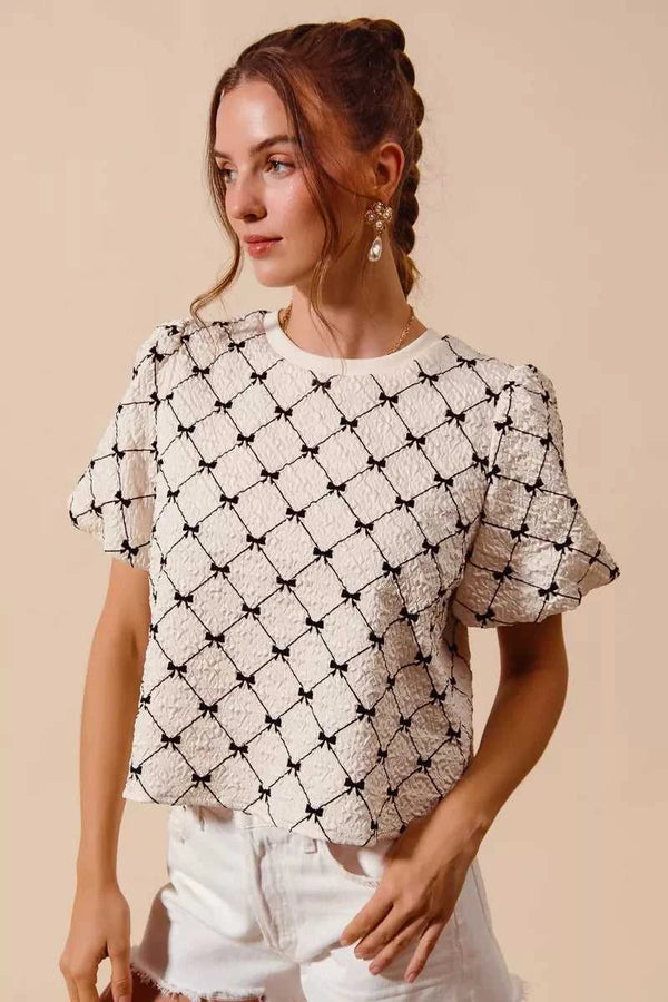 SO ME Bow Texture Woven Bubble Sleeve Top 100100611111697 44 Affordable Fashion Under $100 Jerry's Apparel 