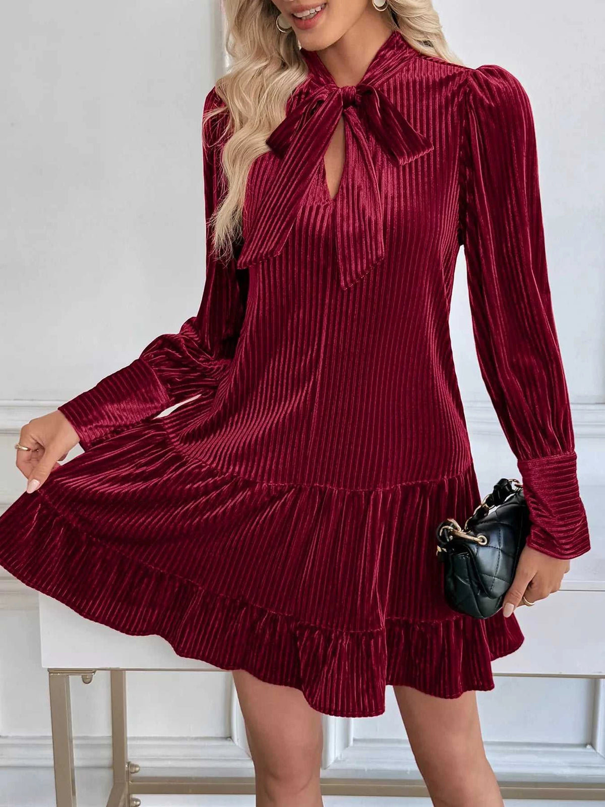 Velvet Tie Front Tiered Mini Dress 100100994495878 52 Affordable Fashion Under $100 Jerry's Apparel 