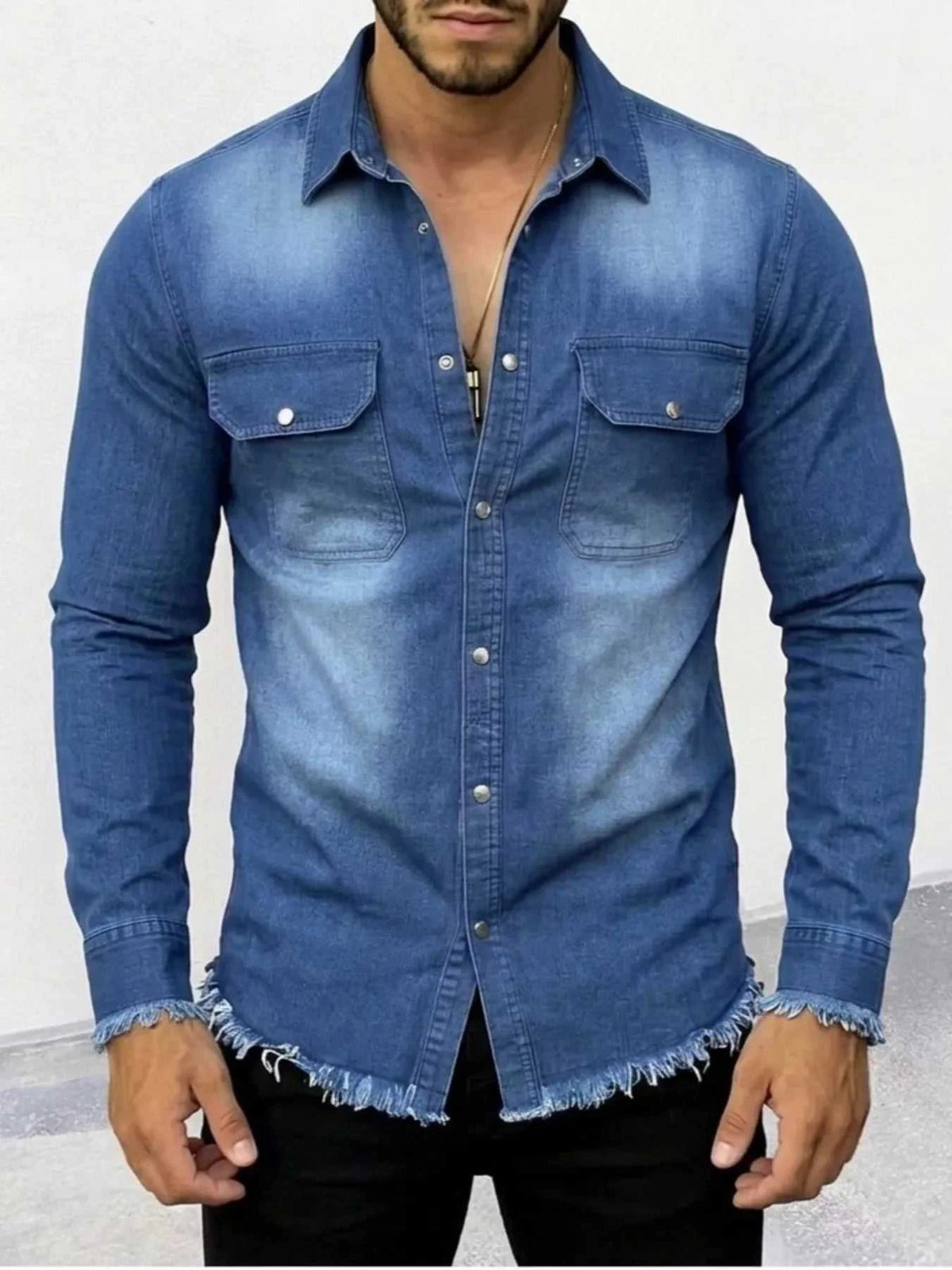 Men's Frayed Hem Denim Shirt 104003540187673 49 Affordable Fashion Under $100 Jerry's Apparel 
