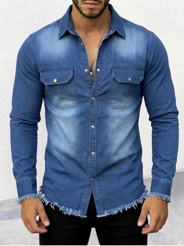 Men's Frayed Hem Denim Shirt 104003540187673 49 Affordable Fashion Under $100 Jerry's Apparel 