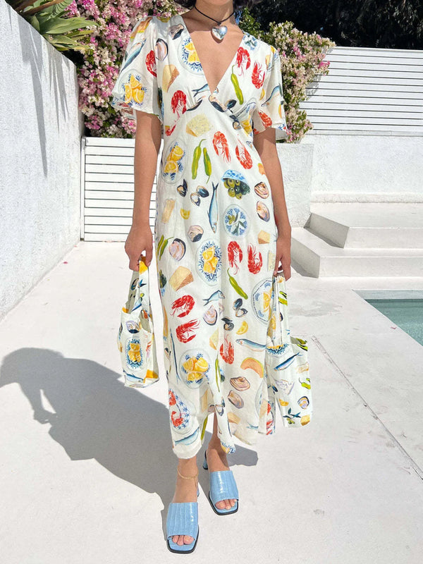 Printed V-Neck Short Sleeve Dress