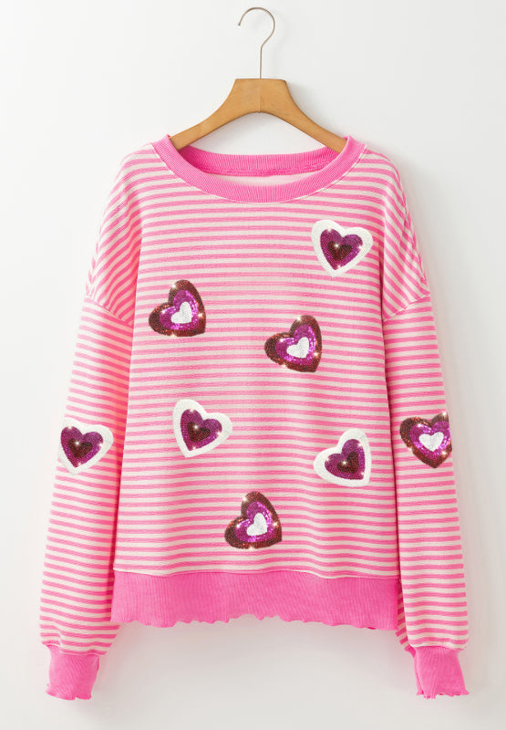 Valentine’s Day Sequin Heart Striped Round Neck Long Sleeve Sweatshirt