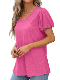 V-Neck Puff Sleeve Casual T-Shirt