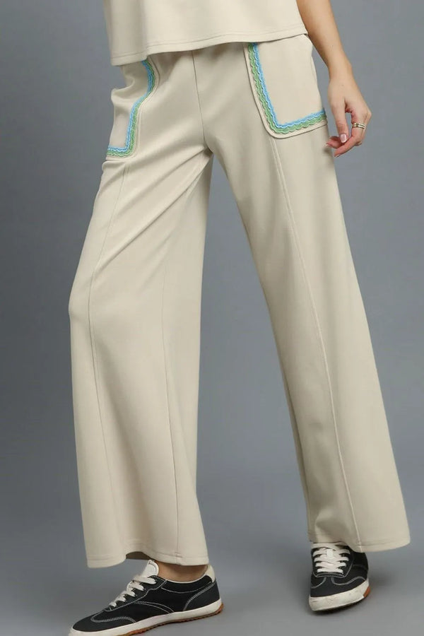 Umgee Drawstring Wide Leg Pants with Scallop Trim Detail