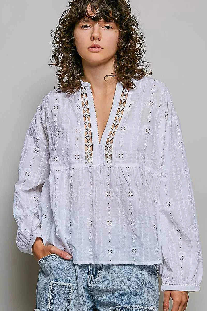 POL Lace Eyelet Long Sleeve Cotton Blouse 100100414481960 66 Affordable Fashion Under $100 Jerry's Apparel 