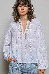 POL Lace Eyelet Long Sleeve Cotton Blouse 100100414481960 66 Affordable Fashion Under $100 Jerry's Apparel 