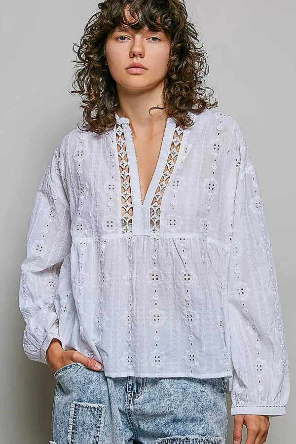 POL Lace Eyelet Long Sleeve Cotton Blouse 100100414481960 66 Affordable Fashion Under $100 Jerry's Apparel 