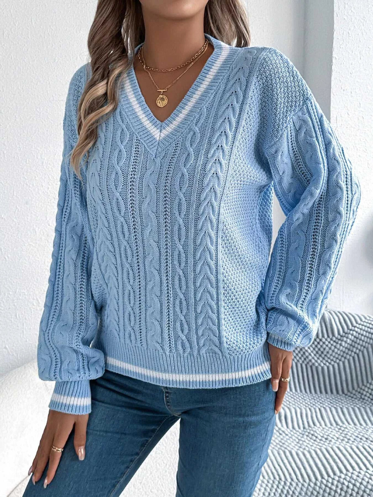 V-Neck Cable Knit Sweater with Striped Trim 101002502315459 35 Affordable Fashion Under $100 Jerry's Apparel 