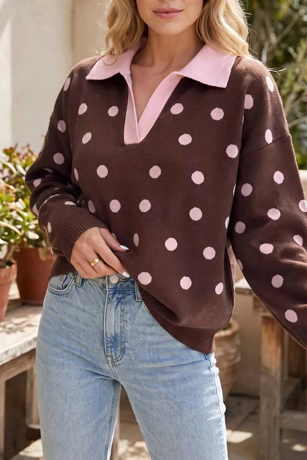 Polka Dot Pattern Color Block Collared Loose Pullover Sweater 101002251484557 51 Affordable Fashion Under $100 Jerry's Apparel 