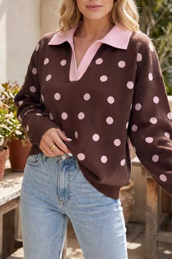 Polka Dot Pattern Color Block Collared Loose Pullover Sweater 101002251484557 51 Affordable Fashion Under $100 Jerry's Apparel 
