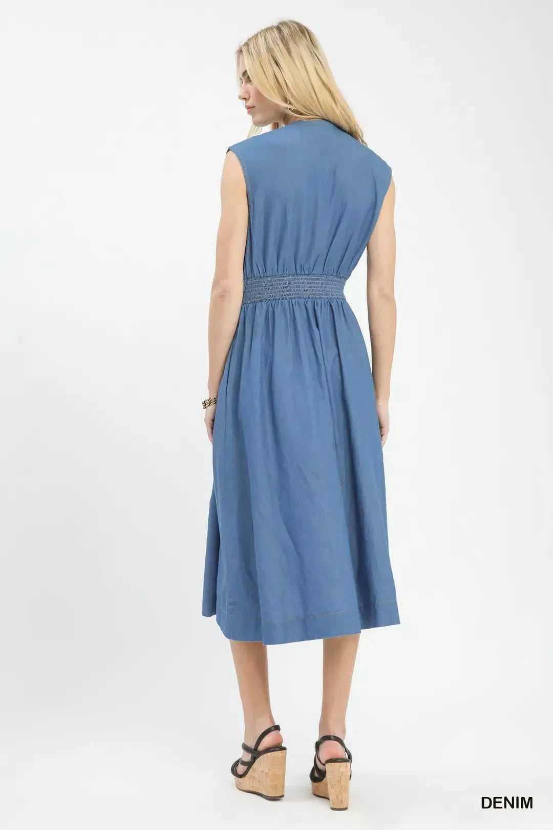 Umgee Denim Sleeveless Zip-Front Smocked Waist Midi Dress 100100842431197 62 Affordable Fashion Under $100 Jerry's Apparel 