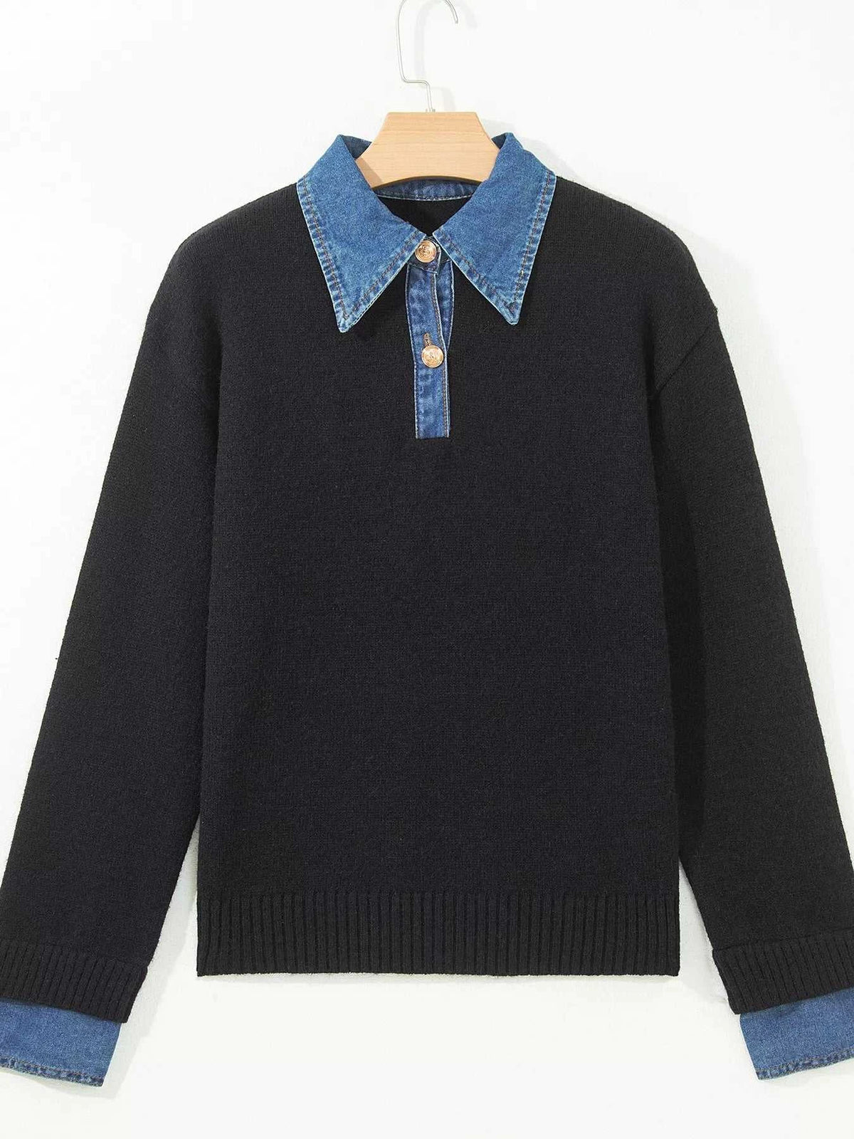 Denim Patchwork Collar Cuffed Casual Sweater 101002510428172 77 Women's Sweaters and Knitwear Jerry's Apparel 