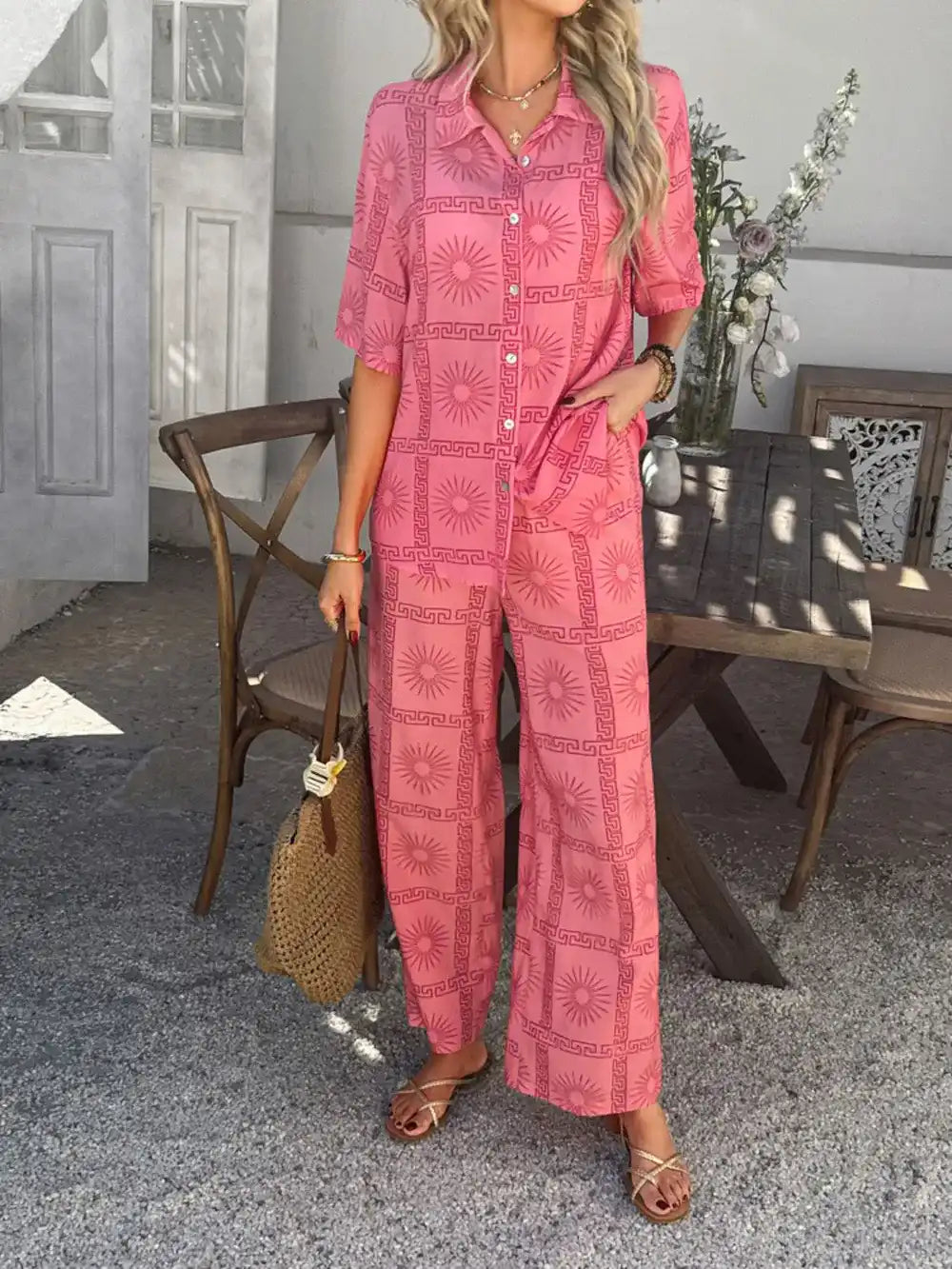 Devine Printed Button Down Shirt and Pants Set 100100774461792 54 Gifts for Her Jerry's Apparel 