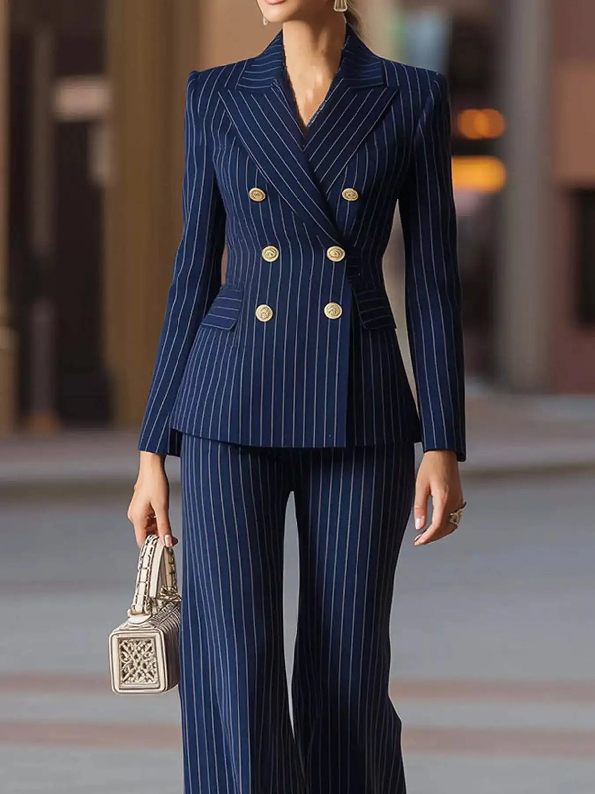Double-Breasted Pinstripe Blazer and Wide-Leg Pants Set 101001905010997 103 Gifts for Her Jerry's Apparel 