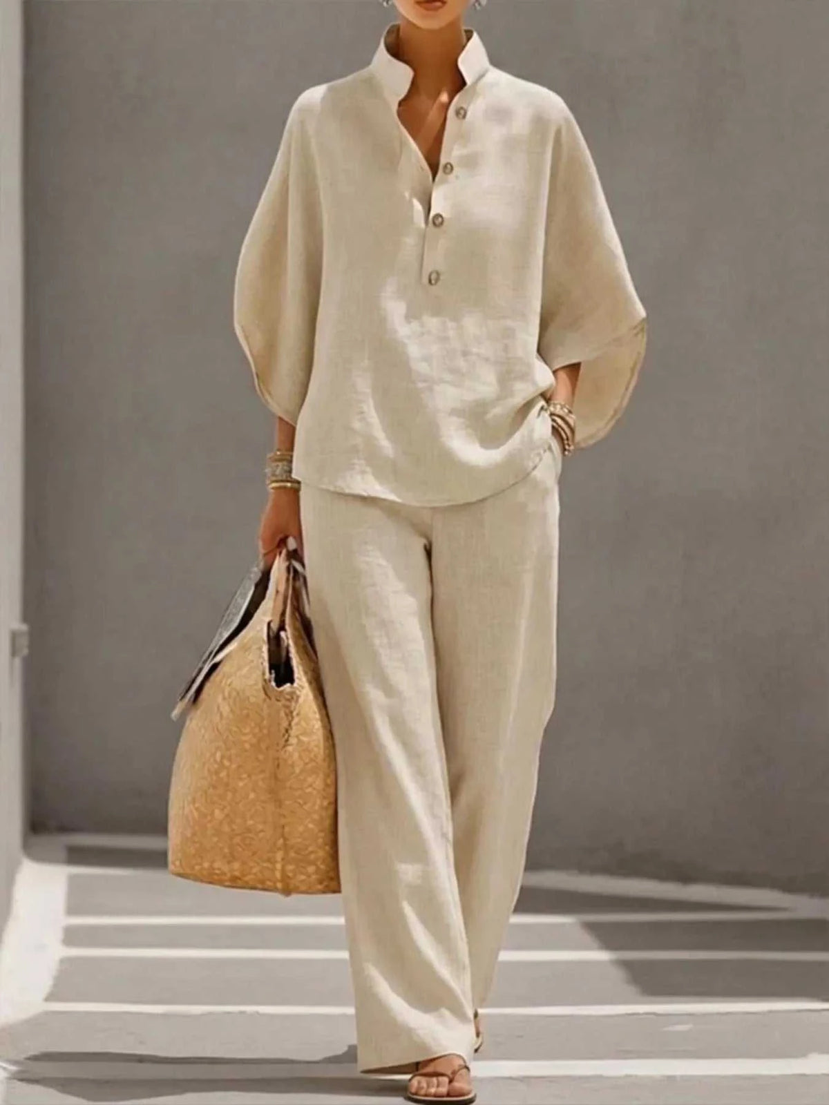 Full Size Button Detail 3/4 Sleeve Top and Pants Set Plus Size 100100971356241 54 Affordable Fashion Under $100 Jerry's Apparel 