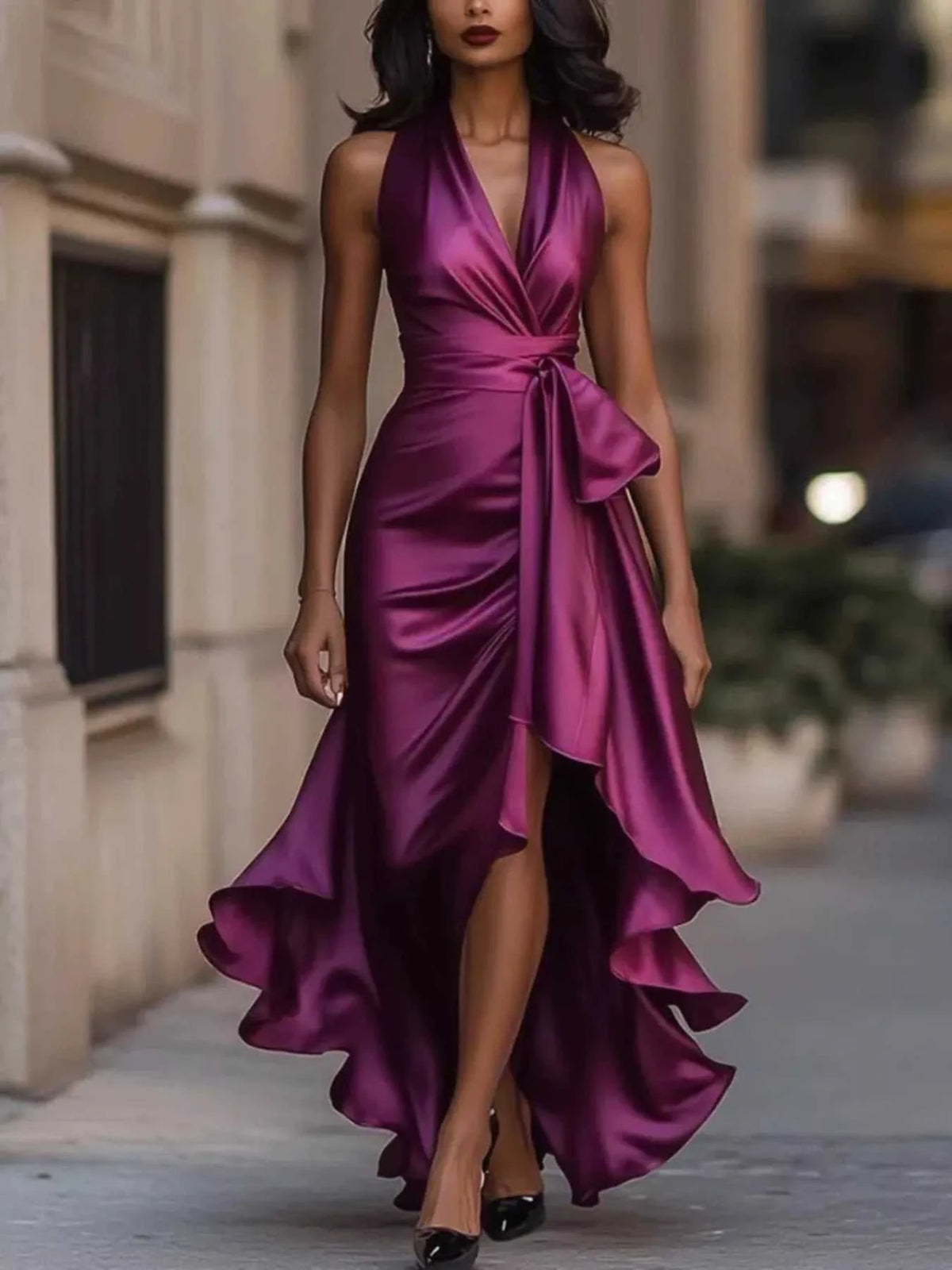 Full Size High-Low Ruffled Satin Maxi Dress Plus Size 100100053477066 42 Seasonal Fashion Collections Jerry's Apparel 