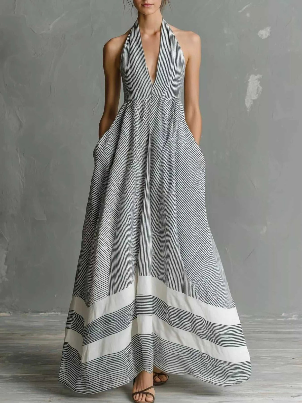 Full Size Striped Halter Neck Maxi Dress with Pockets Plus Size 101001255484037 45 Affordable Fashion Under $100 Jerry's Apparel 