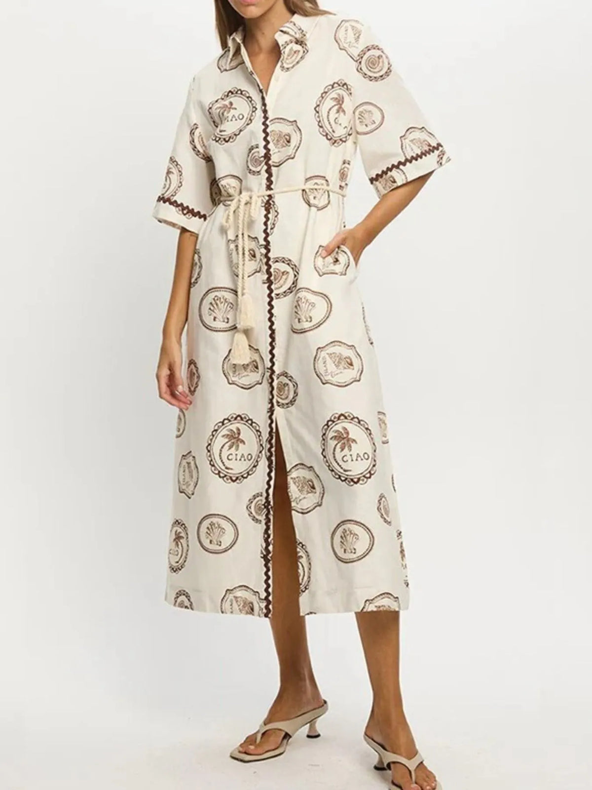 Printed Button-Down Midi Shirt Dress
