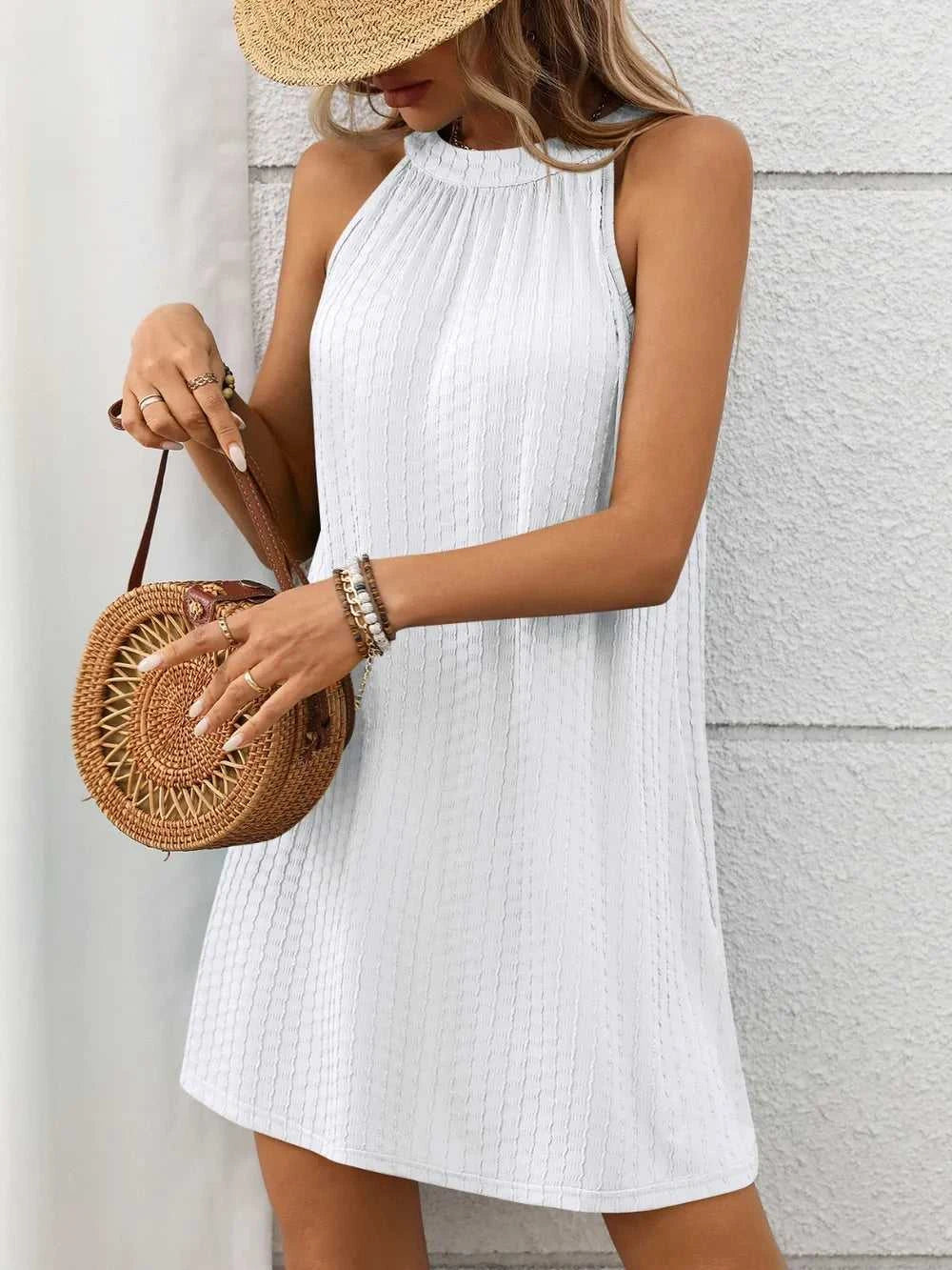 Textured Grecian Neck Mini Dress 100100516101866 24 Affordable Fashion Under $100 Jerry's Apparel 