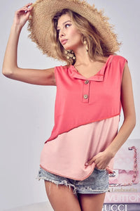 BiBi Color Block Contrast Stitching Buttoned Henley Top